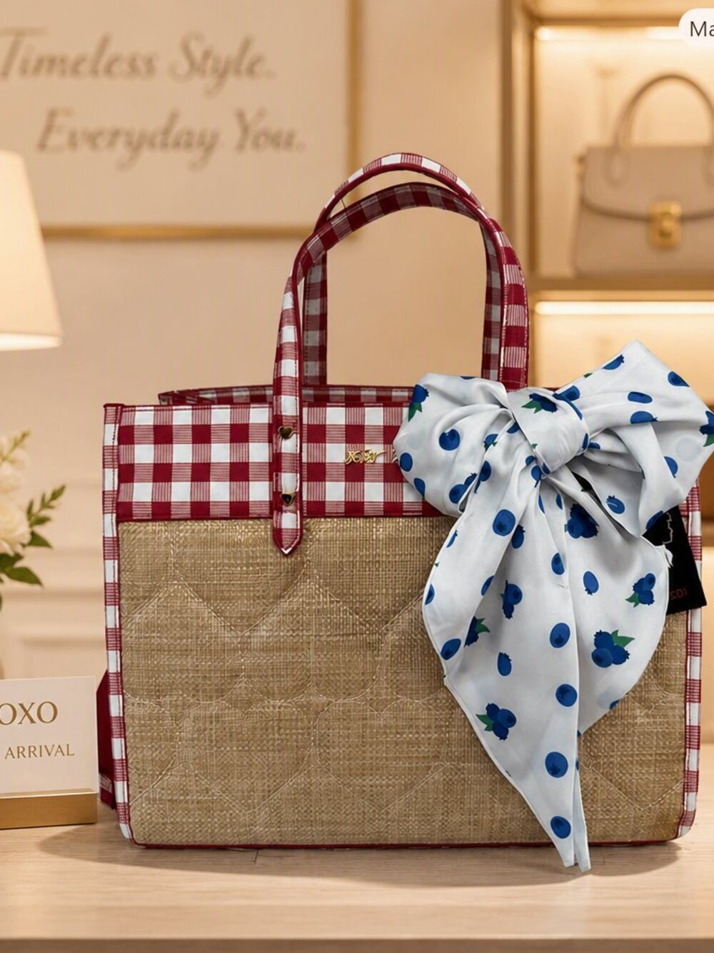 Betsey Johnson Red Gingham & Straw Tote NWT